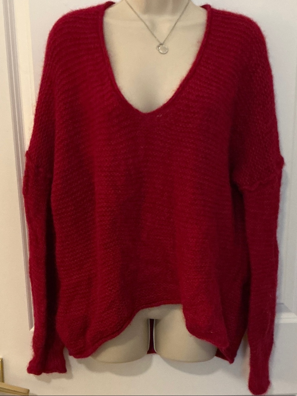 Free People DarkRed Off-the-Shoulder V-Neck Sweater